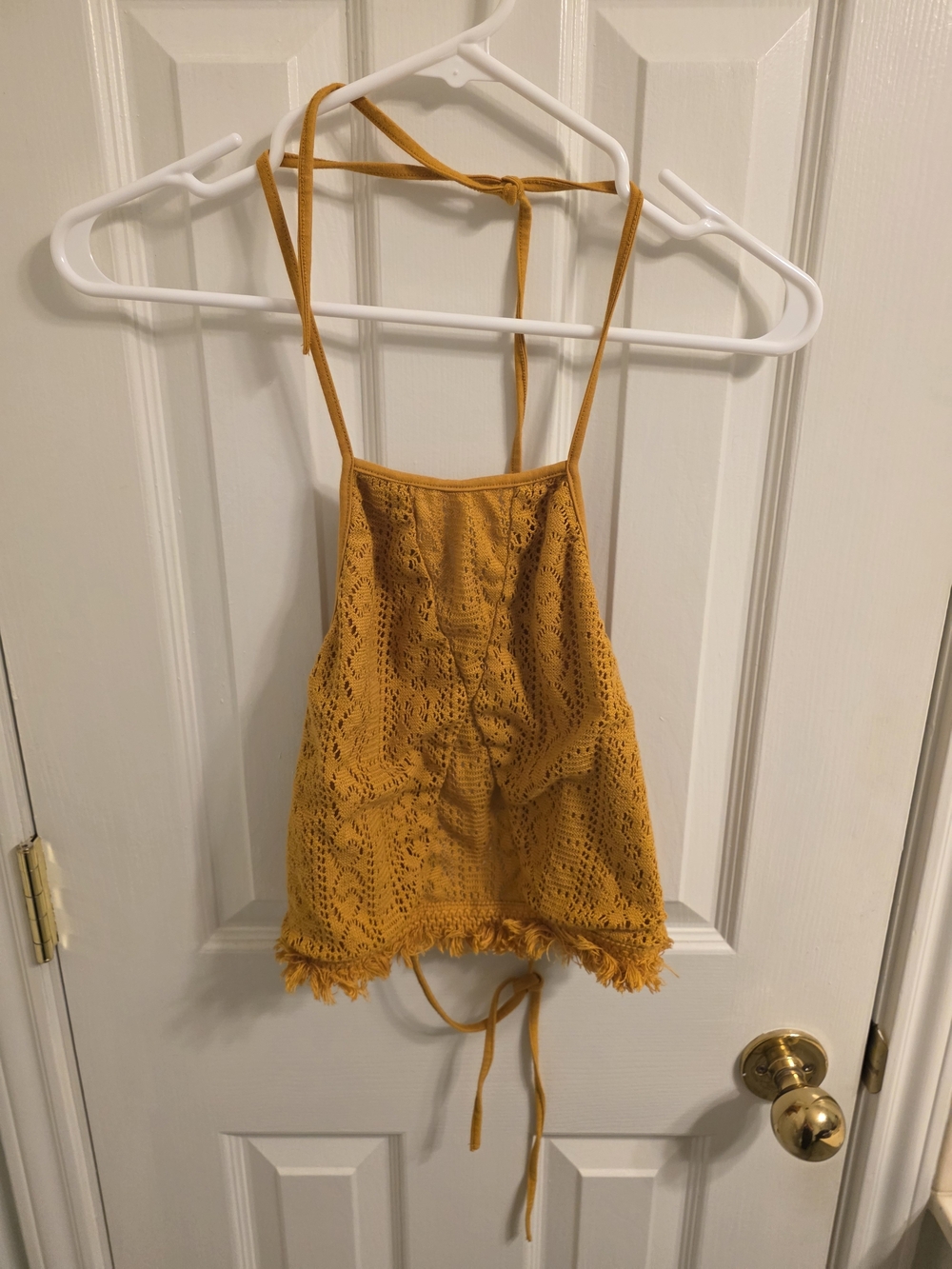 EARTHBOUND Mustard Crochet Tie-Back Halter Top
